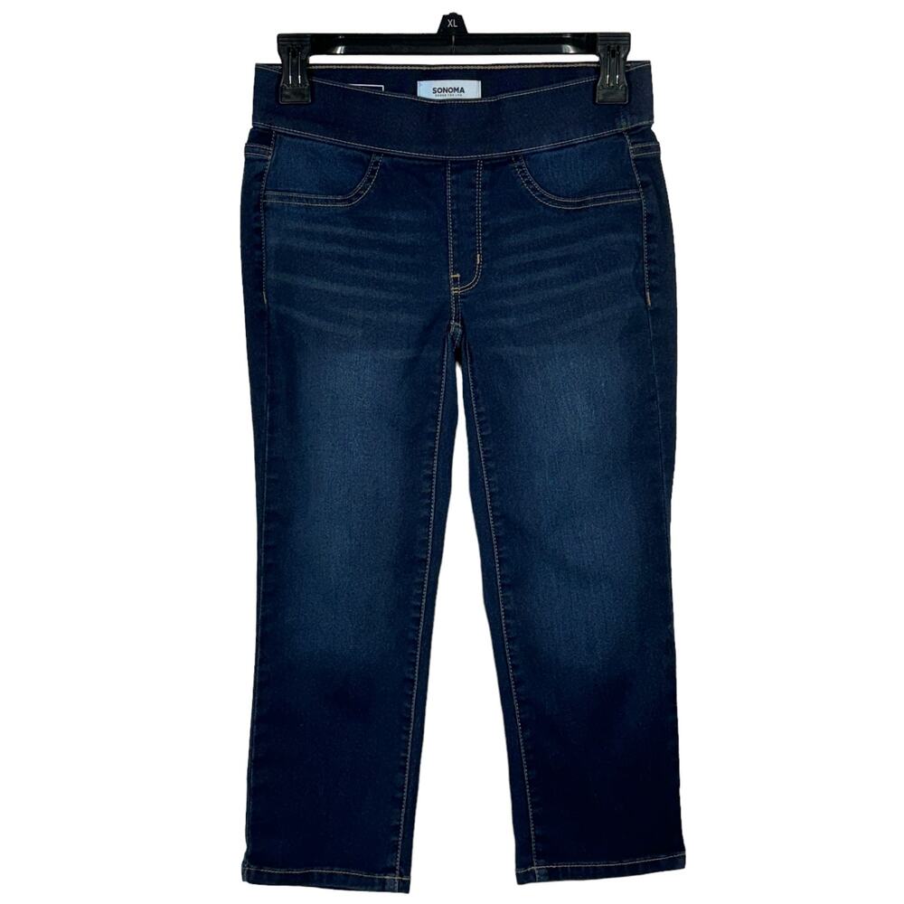 Sonoma Petite SZ 2P Capris Jeans Pull-On Stretch Low-Rise Whiskered Dark Wash